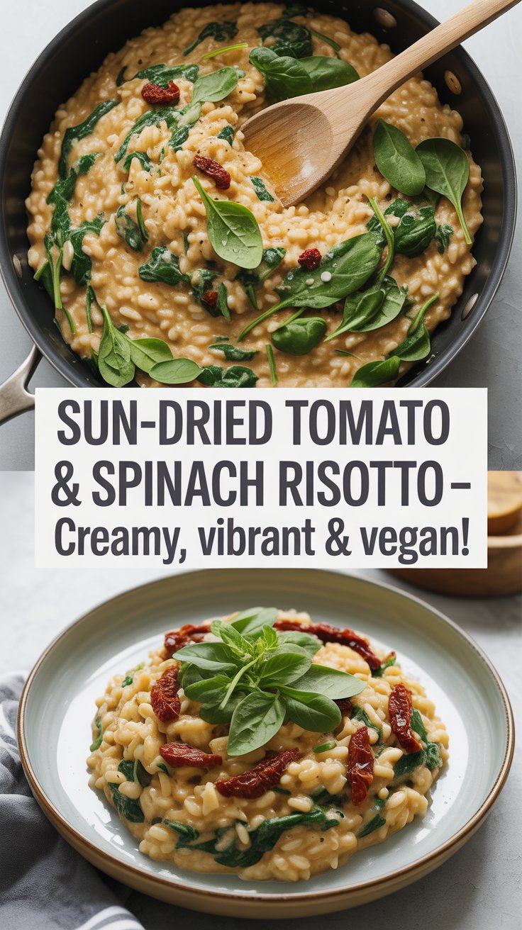 Sun-Dried Tomato & Spinach Risotto – Creamy, Vibrant & Vegan! 3 a 2 section vertical image the top shows QLgDdLKQQHuBEIYJh OWWw qYYp0