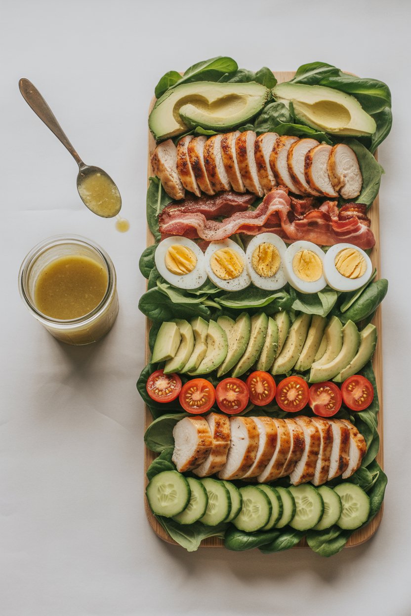 Paleo Grilled Chicken Cobb Salad 3 a clean vertical flat lay of a