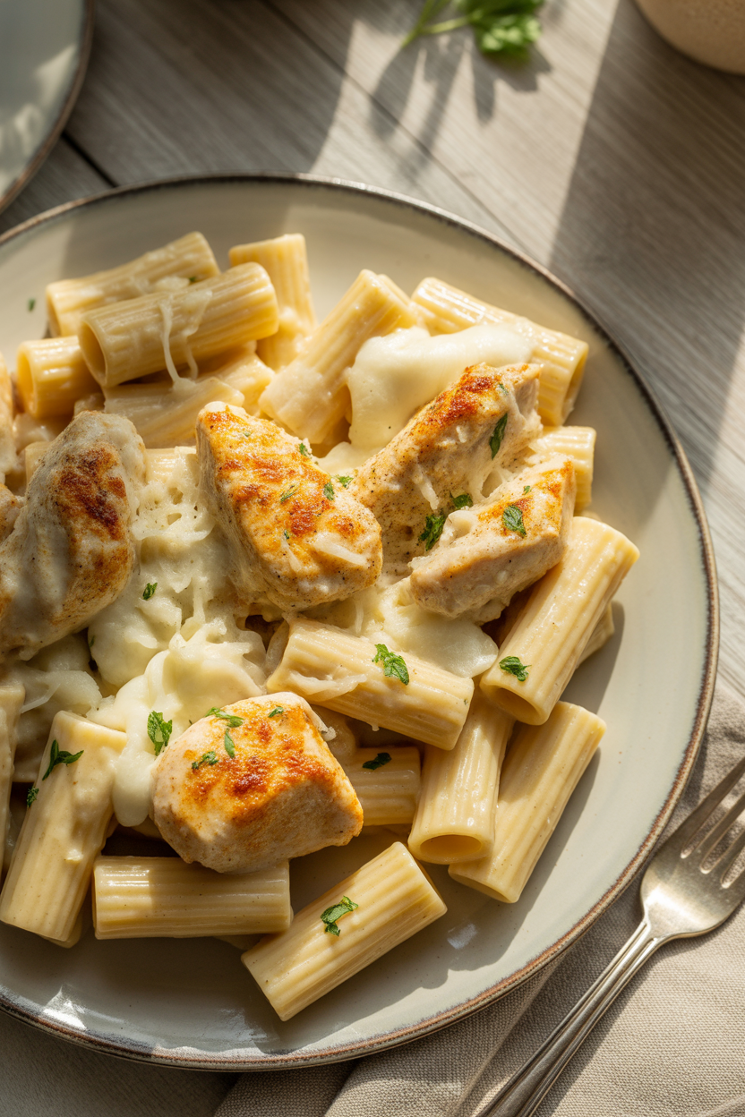 Garlic Butter Chicken Rigatoni – Creamy, Cheesy & So Satisfying 3 a close up overhead shot of a rustic