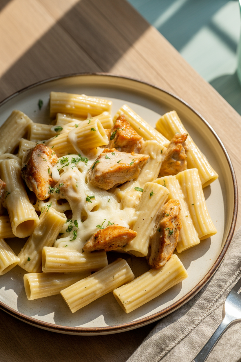 Garlic Butter Chicken Rigatoni – Creamy, Cheesy & So Satisfying 4 a close up overhead shot of a rustic whi Kh B igRSeiSgdpv07aTlQ 5kglQkuCRkiQlMJC8EyhTA