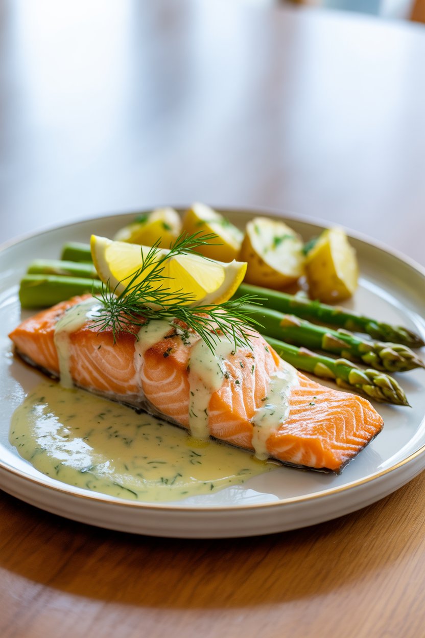 Baked Salmon with Lemon Butter Cream Sauce: The Perfect Elegant Dinner 4 a photograph of a beautifully plated bak Tk2OPIZ9T9eo4Ikw9aZ6 w 1BusY0LiR8qStVHN9Wodaw