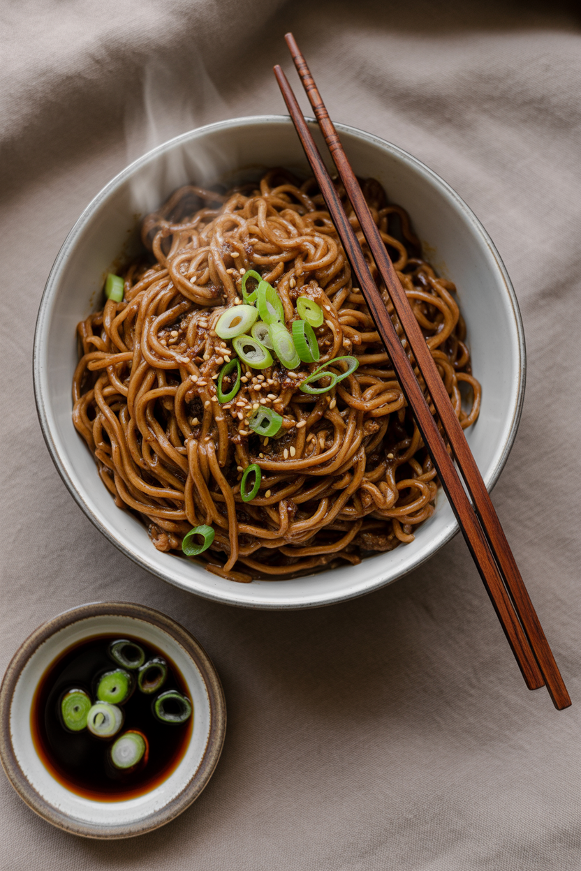 Mongolian Ground Beef Noodles 4 a photograph of a bowl overflowing with 8nauXU0sR6CSnh8l8DsNhg T3Zb0fYQQ5qe6Qh4z7s0rw