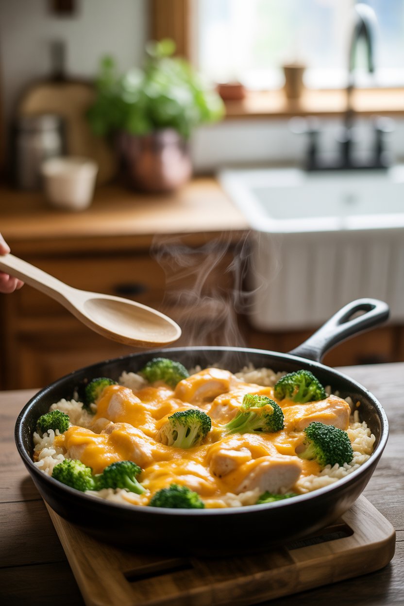 Cheesy Chicken Broccoli Rice – A Comfort Food Classic You’ll Love 5 a photograph of a freshly cooked skillet dJ4znD1VRieOdJxAOGpgsQ B7n2fGA SEmbIae7KCicjw