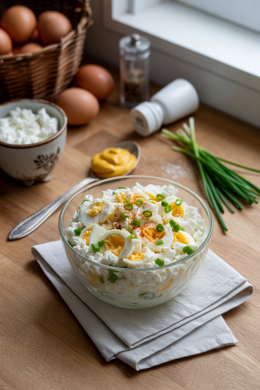 Simple Cottage Cheese Egg Salad 5 a photograph of a glass bowl filled with vhQvPl03SDeaFWgbZORy Q CWIe24amQQexCDXLOyf RQ