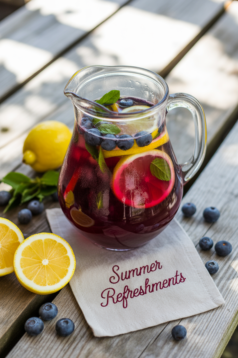 Easy Homemade Blueberry Lemonade Recipe 1 a photograph of a glass pitcher filled