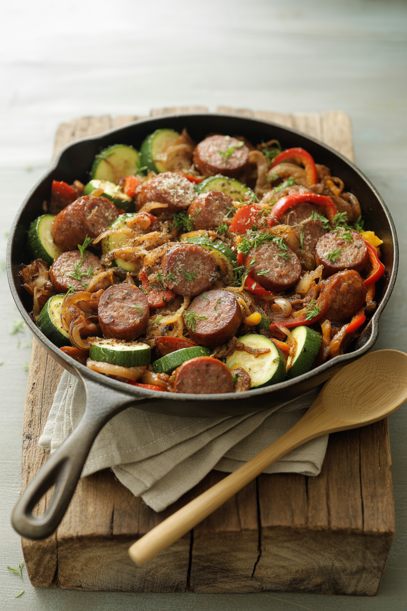 Skillet Sausage and Zucchini: A Quick, Flavor-Packed Weeknight Dinner 3 a photograph of a large black cast iron