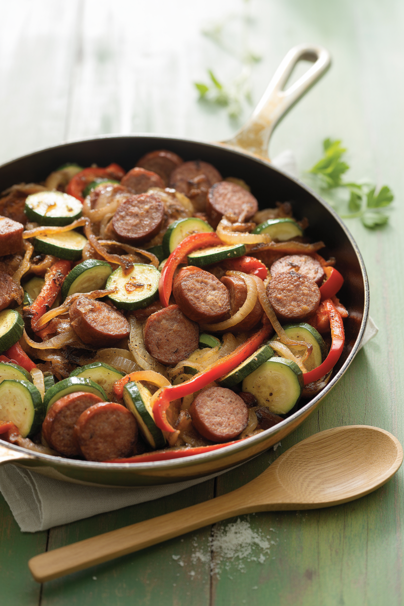 Skillet Sausage and Zucchini: A Quick, Flavor-Packed Weeknight Dinner 4 a photograph of a large well seasoned