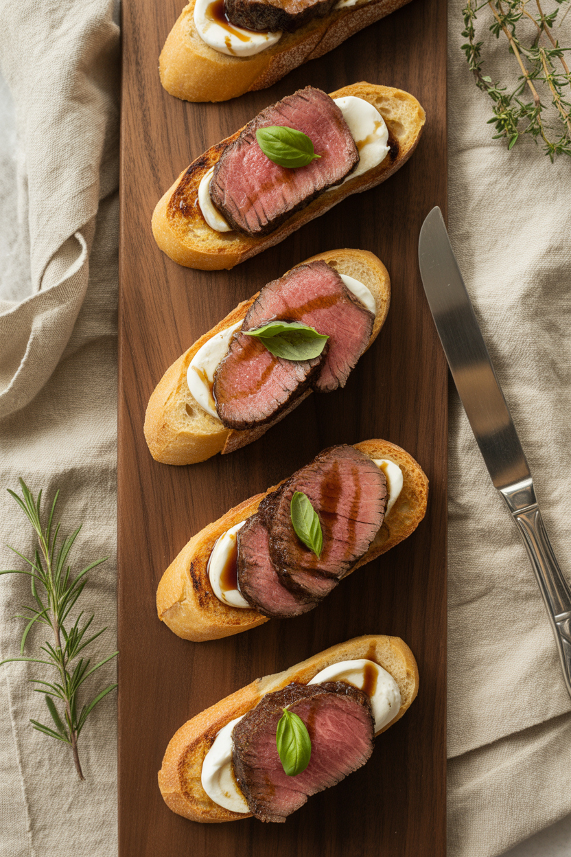 Burrata and Steak Crostini: A Sophisticated Appetizer Worth Every Bite 1 a photograph of a meticulously arranged ymNXJa3kQAqYkoicwiFEyQ b