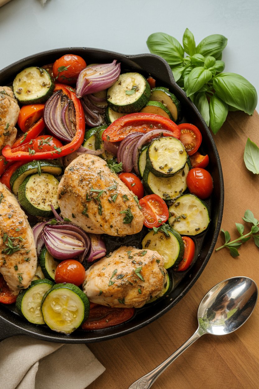 Italian Chicken and Vegetable Skillet 4 a photograph of a rustic cast iron