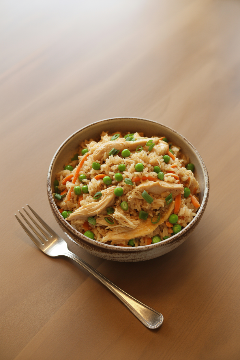 Garlic Chicken Fried Rice: A Quick, Easy, and Flavor-Packed Meal 3 a photograph of a rustic ceramic bowl ov Tgg