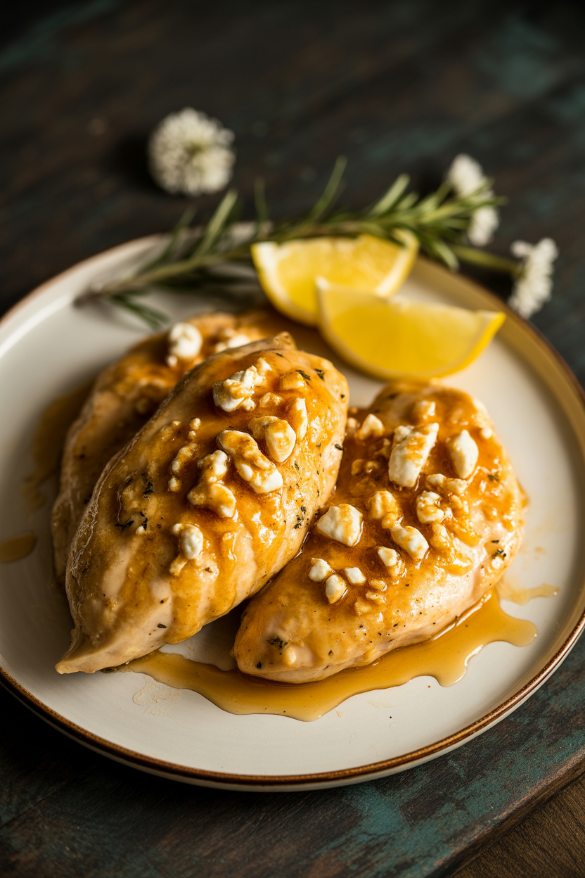 Hot Honey Infused Feta Chicken 2 a photograph of a rustic ceramic plate d dAGlG