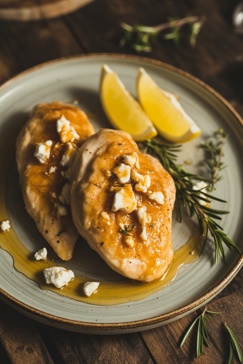 Hot Honey Infused Feta Chicken 3 a photograph of a rustic ceramic plate
