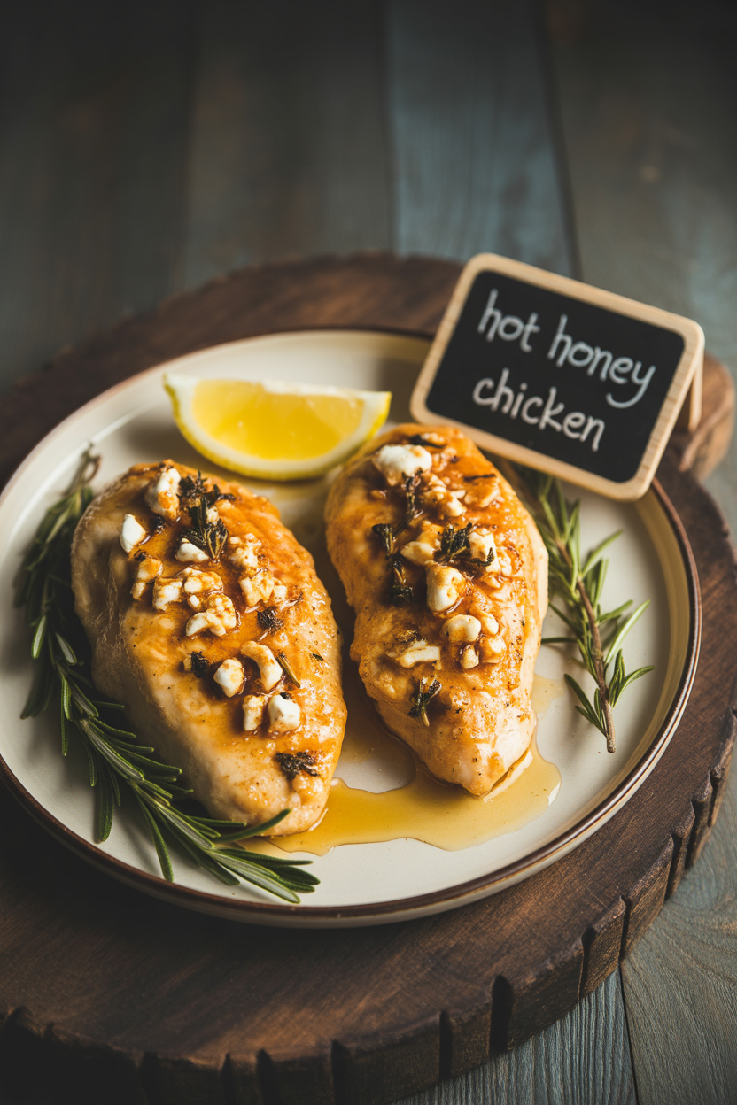 Hot Honey Infused Feta Chicken 4 a photograph of a rustic ceramic plate