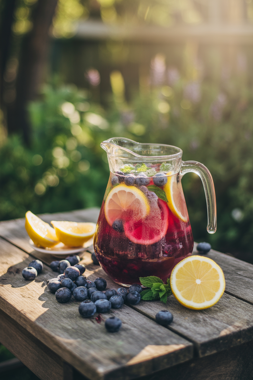 Easy Homemade Blueberry Lemonade Recipe 3 a photograph of a rustic glass pitcher