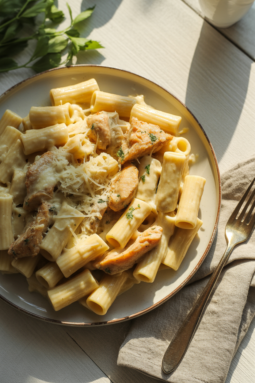 Garlic Butter Chicken Rigatoni – Creamy, Cheesy & So Satisfying 5 a photograph of a rustic white ceramic p bsvf8cCfRpup78eASoz6nQ 5kglQkuCRkiQlMJC8EyhTA