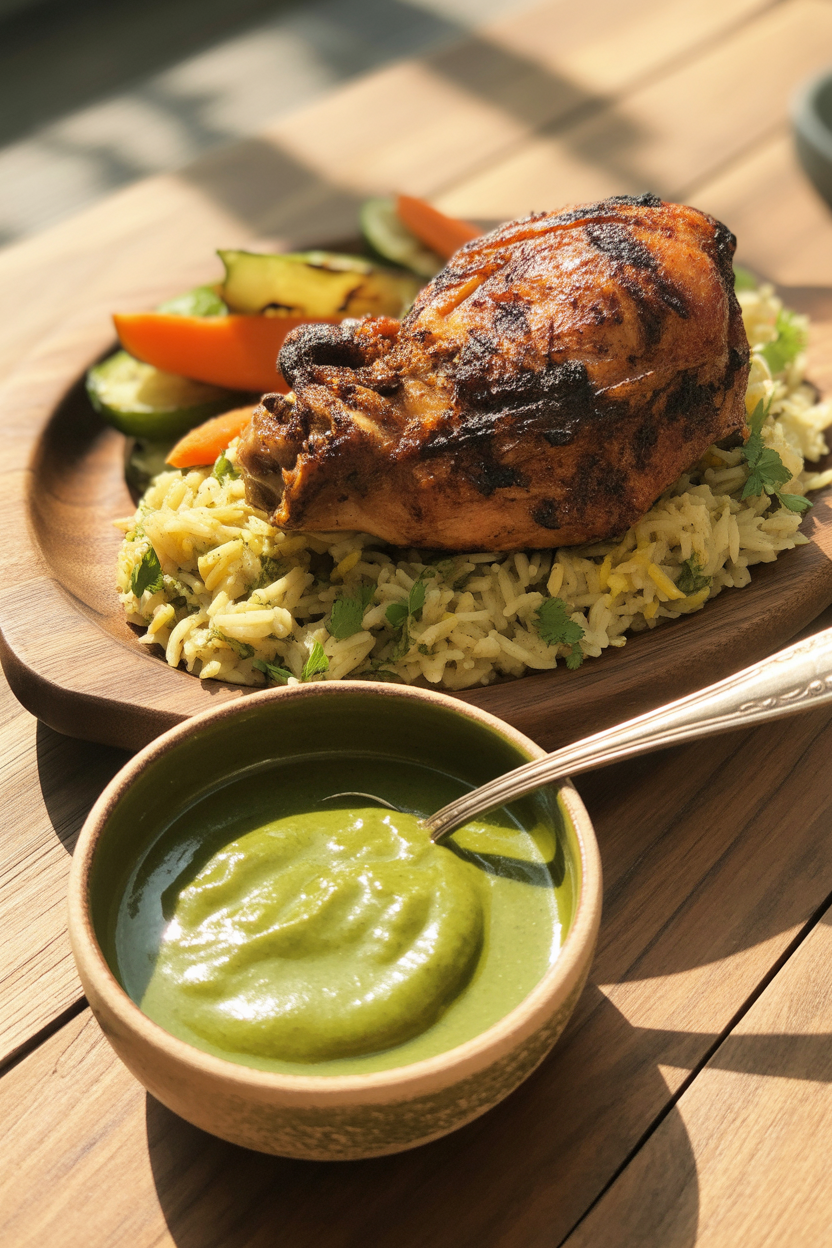 Peruvian Grilled Chicken with Creamy Green Sauce 3 a photograph of a rustic wooden table sh 0JxIKcJfQc2xPBiZsOyi8A tE zt4CsRvumVmxn 3bR9g