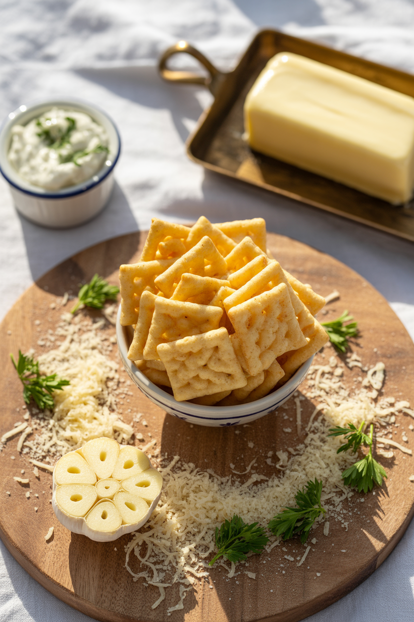 Garlic Ritz Snacks: The Irresistible Party Treat You Didn’t Know You Needed 5 a photograph of a rustic wooden table
