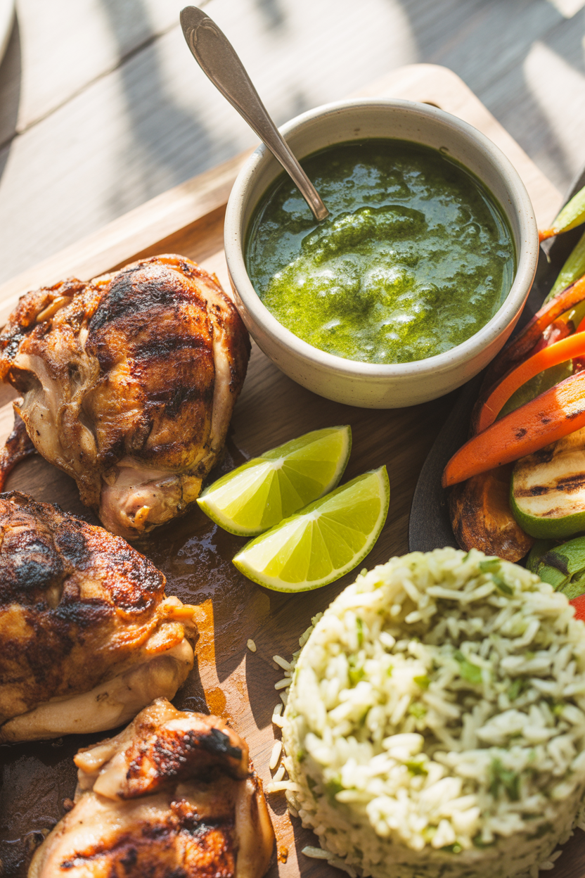 Peruvian Grilled Chicken with Creamy Green Sauce 1 a photograph of a rustic wooden table sh yGWrN492SuevzfcNH24oBg tE zt4CsRvumVmxn 3bR9g