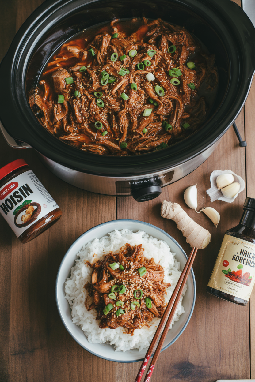 Slow Cooker Hoisin Chicken 3 a photograph of a rustic wooden table wi IYIgTy53TXSlTlG14orNNQ cOzkw75AQgC7L tguZSTbA