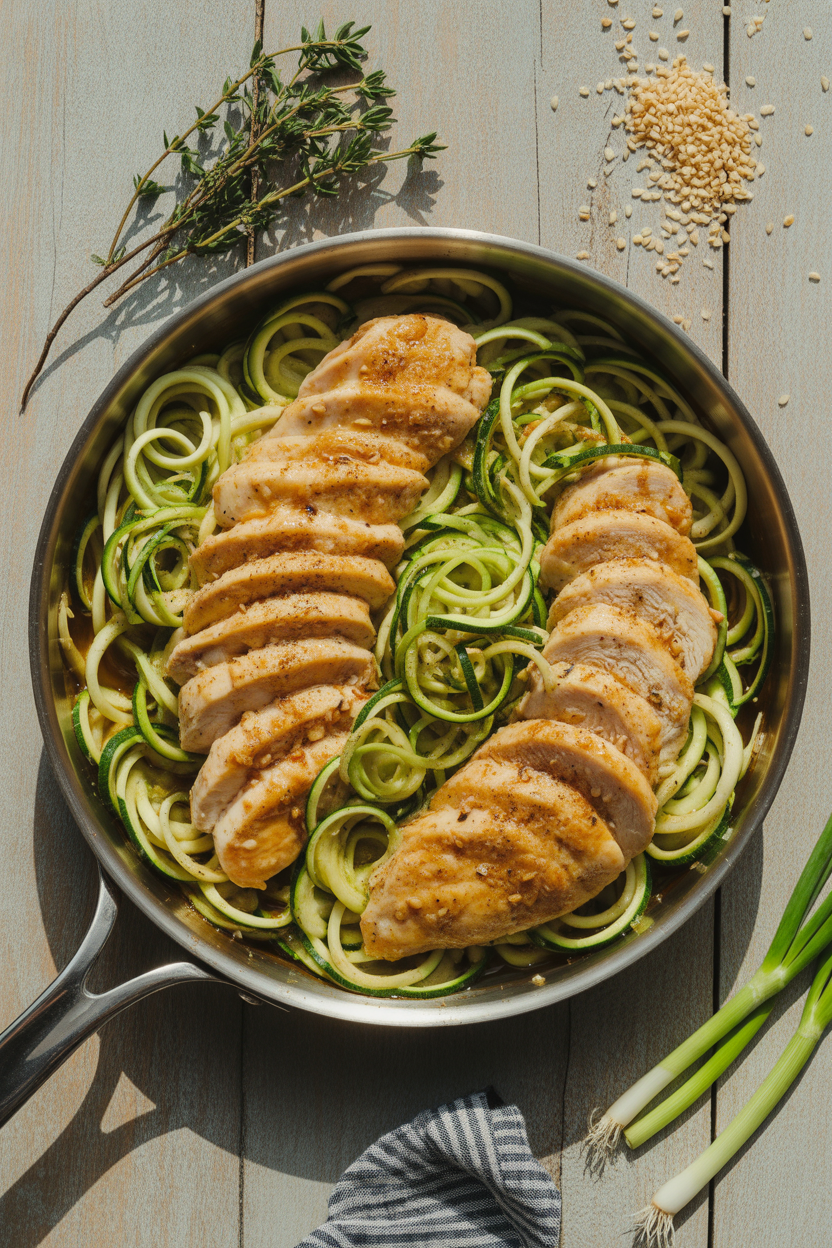 Garlic Chicken Zucchini Noodles Stir Fry 5 a photograph of a skillet brimming with gc8MDOgzSJSNGb4 JaeN6g foSeRJM9Sa2Ra7A6wsQT4w 1
