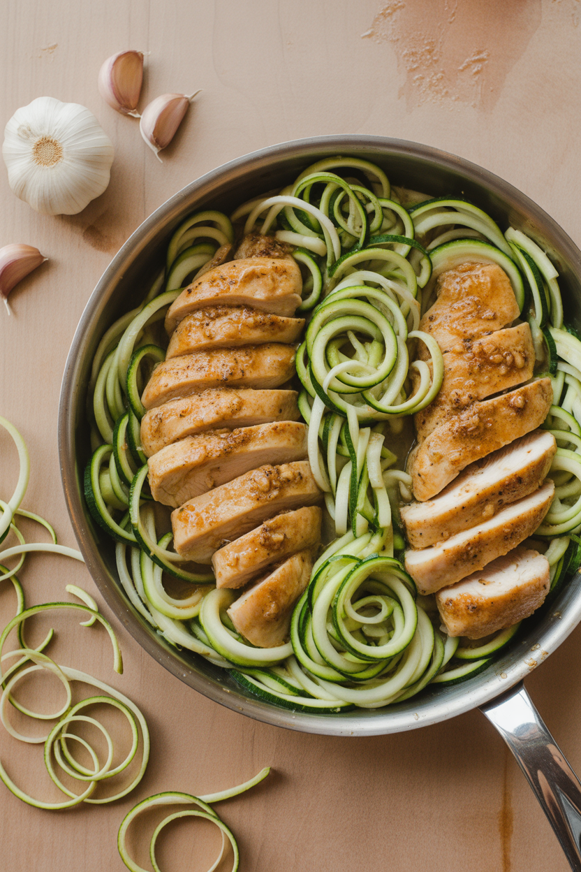 Garlic Chicken Zucchini Noodles Stir Fry 2 a photograph of a skillet overflowing wi i 9GVvlgQX2N1KRIJJ8U6g foSeRJM9Sa2Ra7A6wsQT4w 1 1