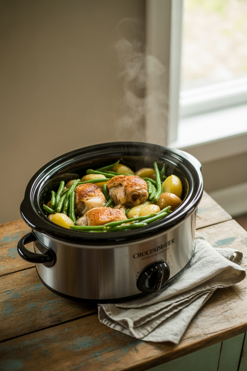 Slow Cooker Seasoned Chicken, Green Beans and Potatoes 5 a photograph of a slow cooker its lid
