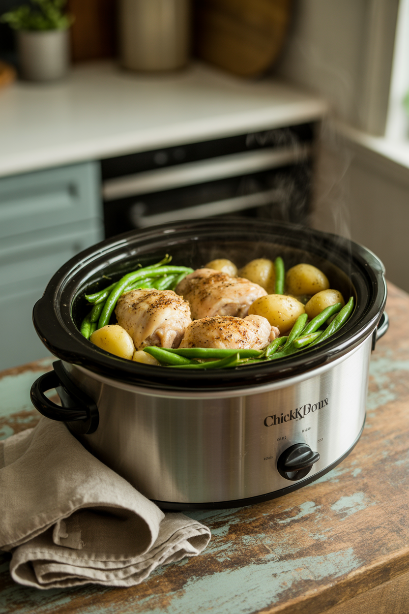 Slow Cooker Seasoned Chicken, Green Beans and Potatoes 1 a photograph of a slow cooker with its l xgVQU5jJRfijn4uQ