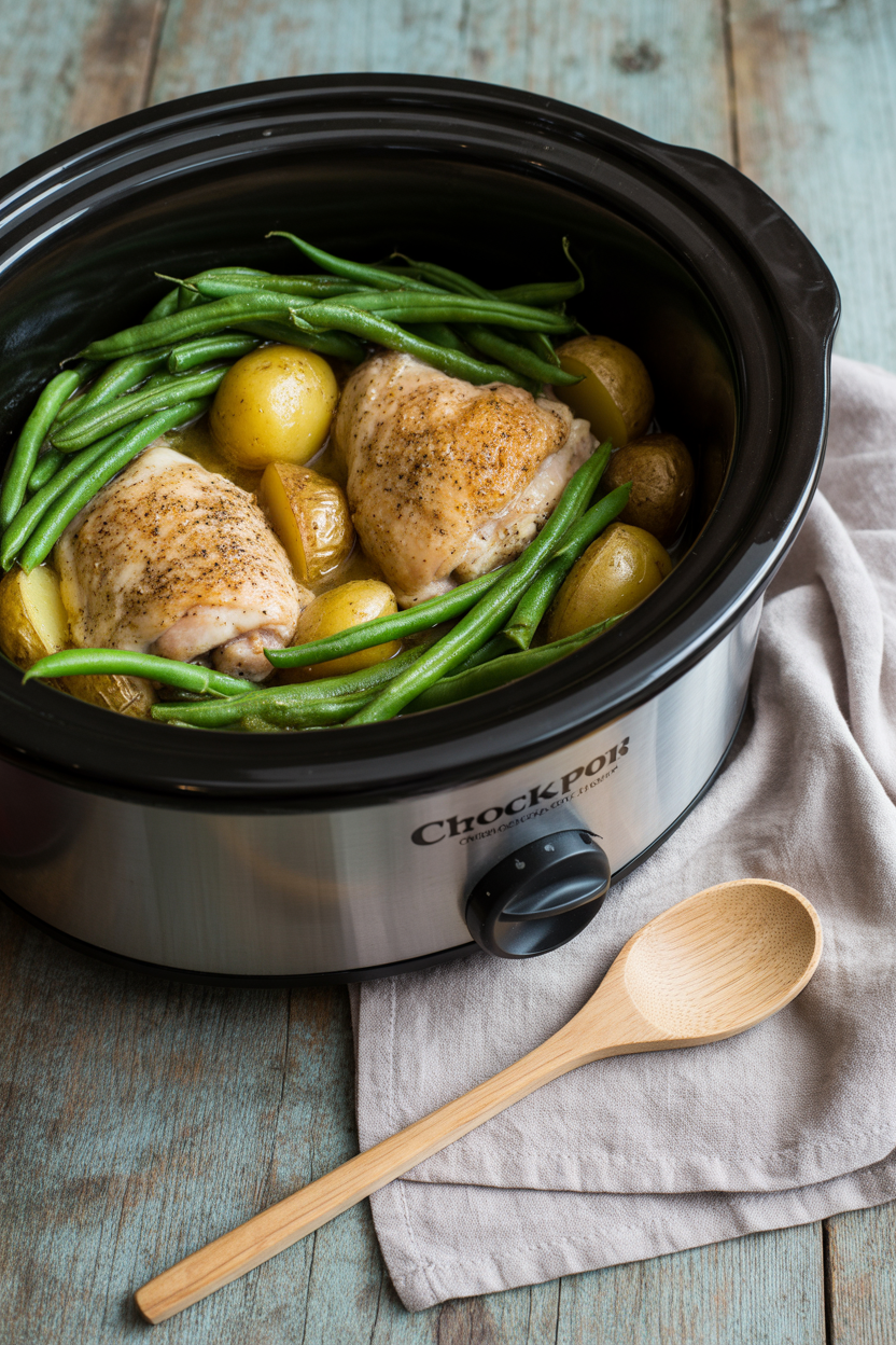 Slow Cooker Seasoned Chicken, Green Beans and Potatoes 3 a photograph of a slow cooker with the