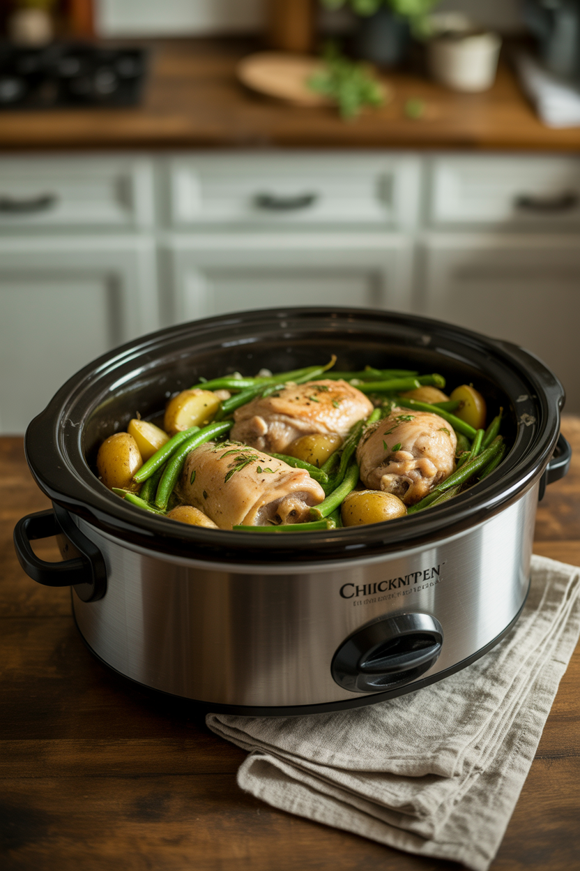 Slow Cooker Seasoned Chicken, Green Beans and Potatoes 4 a photograph of a slow cooker with the