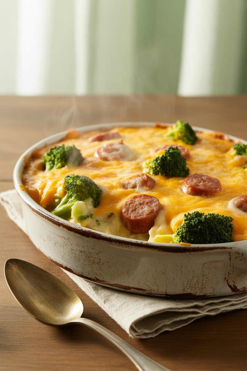 Cheesy Broccoli, Sausage and Cauliflower Casserole 4 a photograph of a steaming cheesy casser MTiqwlzTRtSargDlJIY54g sbipEdfuQRSmm y3DXAgJg
