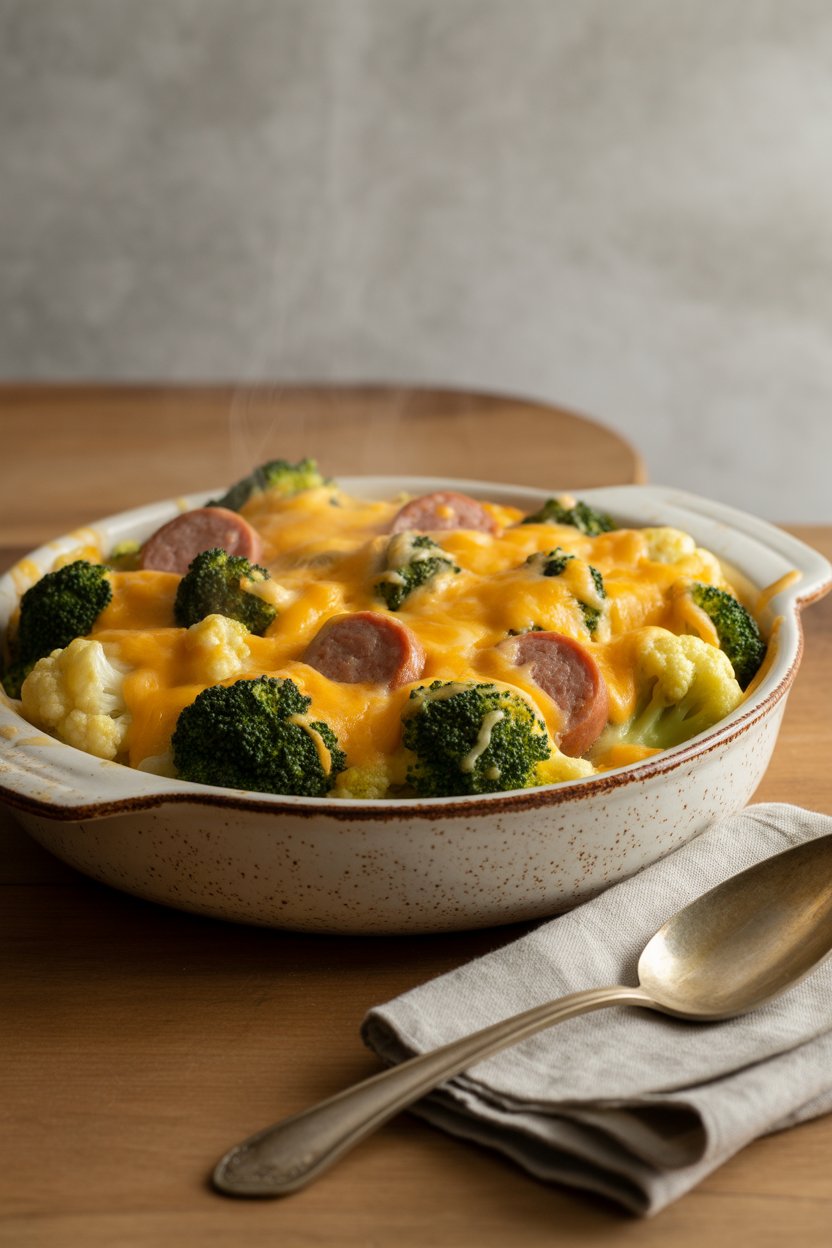 Cheesy Broccoli, Sausage and Cauliflower Casserole 5 a photograph of a steaming hot cheesy br gs8KjluzTd2lHwkhq PiJg sbipEdfuQRSmm y3DXAgJg