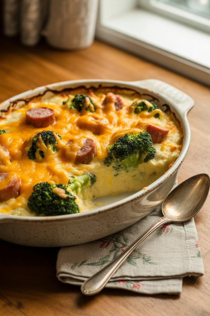 Cheesy Broccoli, Sausage and Cauliflower Casserole 3 a photograph of a steaming hot cheesy ca 7EjyiVvQTfOhJpffnsxjng sbipEdfuQRSmm y3DXAgJg