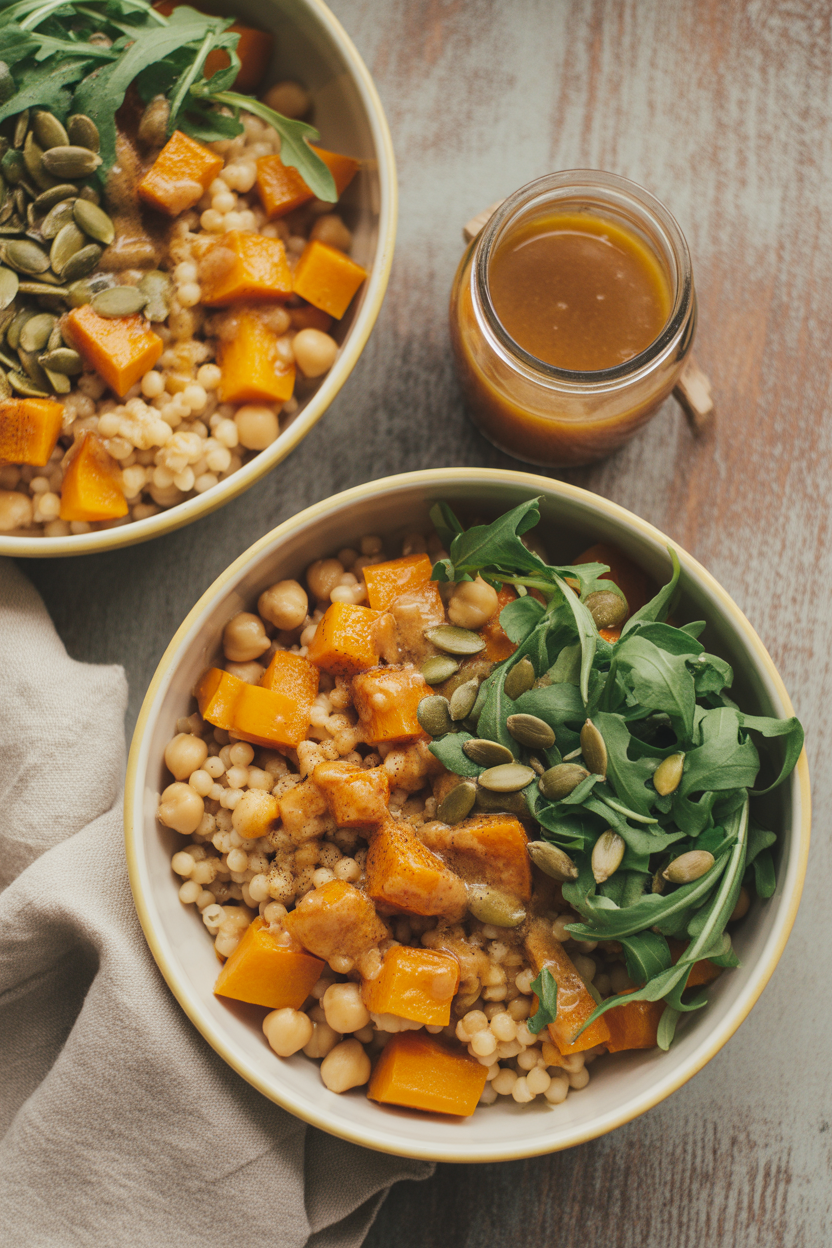 Butternut Couscous Bowls with Maple Vinaigrette 3 a photograph of a vertical overhead flat TcsIgvp3QSyYqA