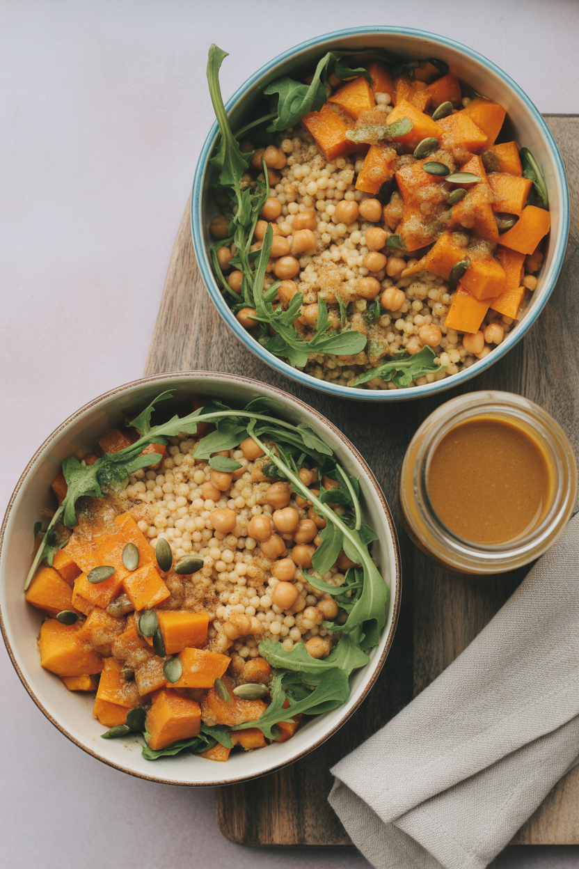 Butternut Couscous Bowls with Maple Vinaigrette 5 a photograph of a vertical overhead