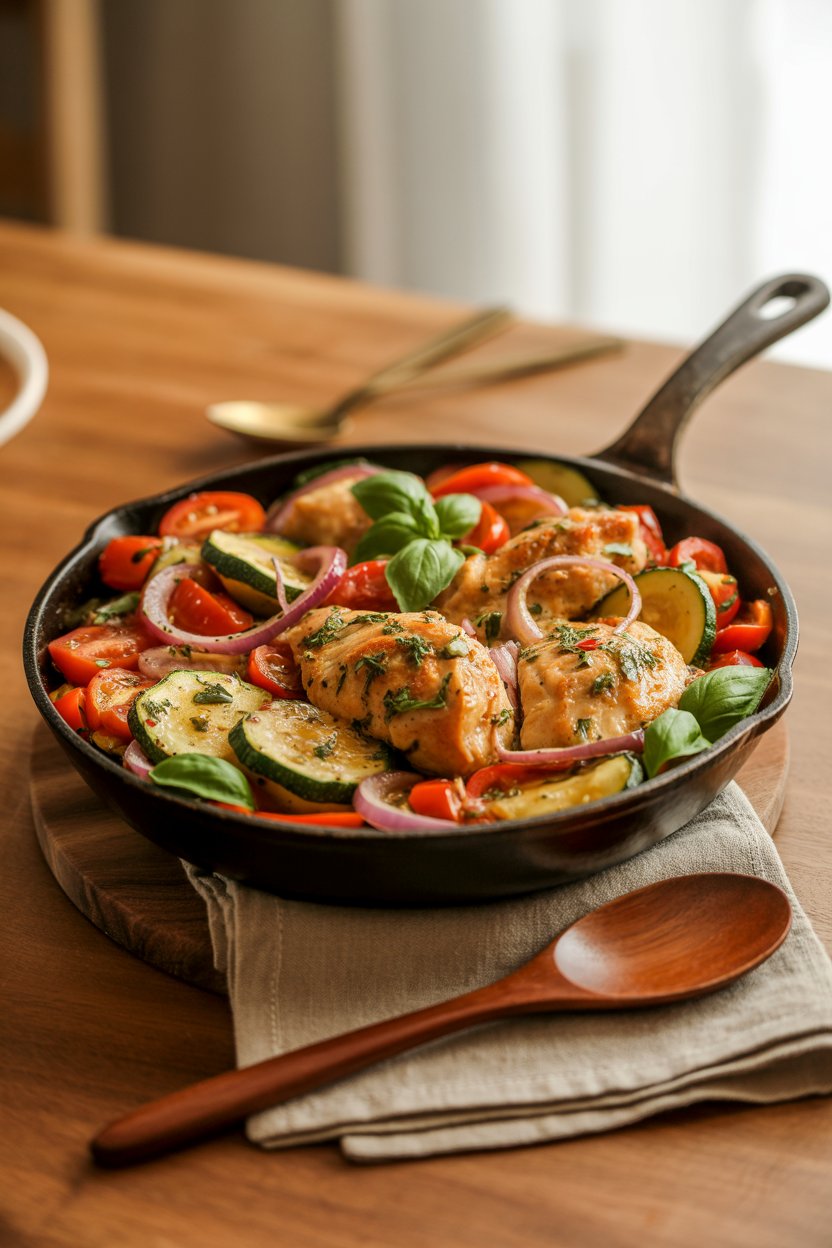 Italian Chicken and Vegetable Skillet 2 a photograph of a vibrant italian chicke zV dQX5wTOudzBcZ8JsDbw XXtDFQ6pQCeQQACJH9ggVA 1