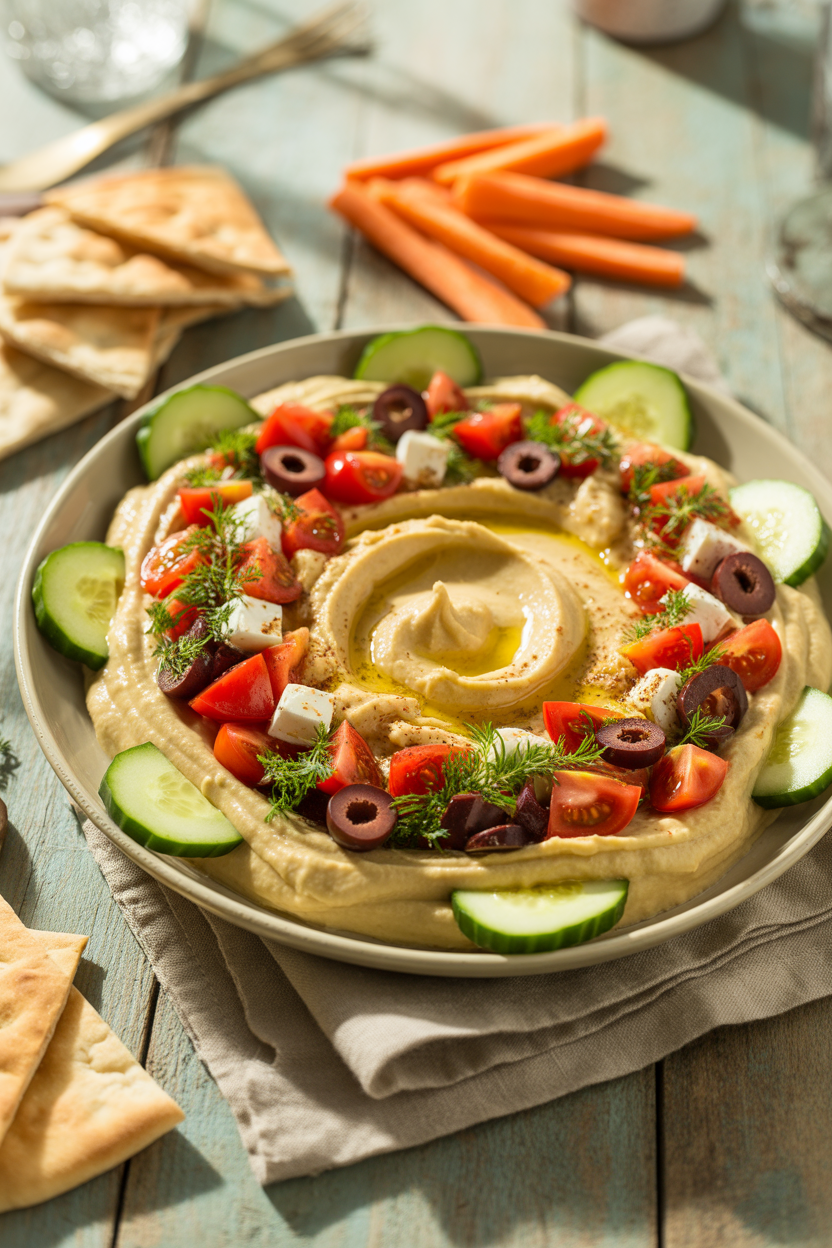 a photograph of a vibrant loaded hummus