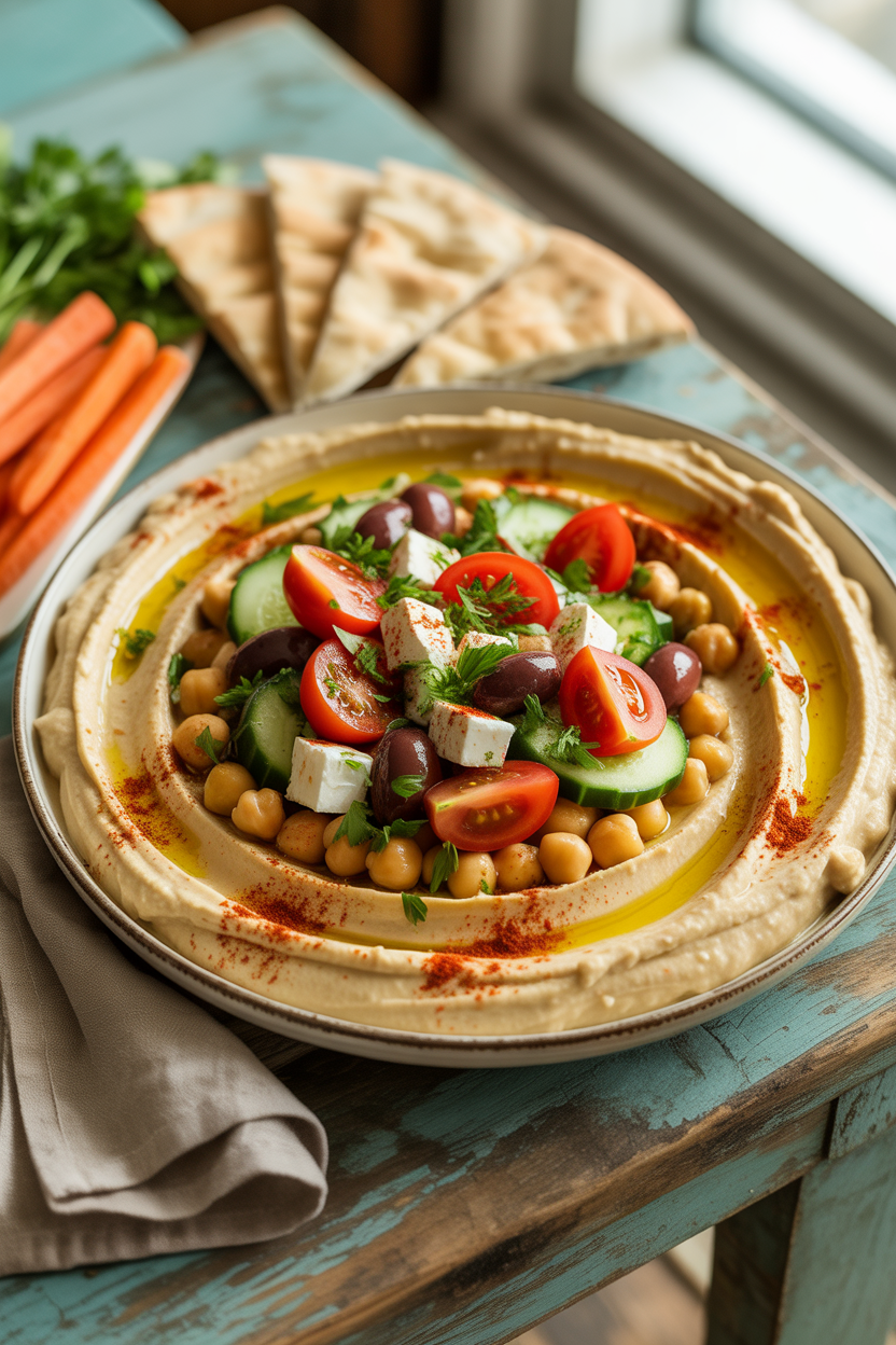 a photograph of a vibrant loaded hummus