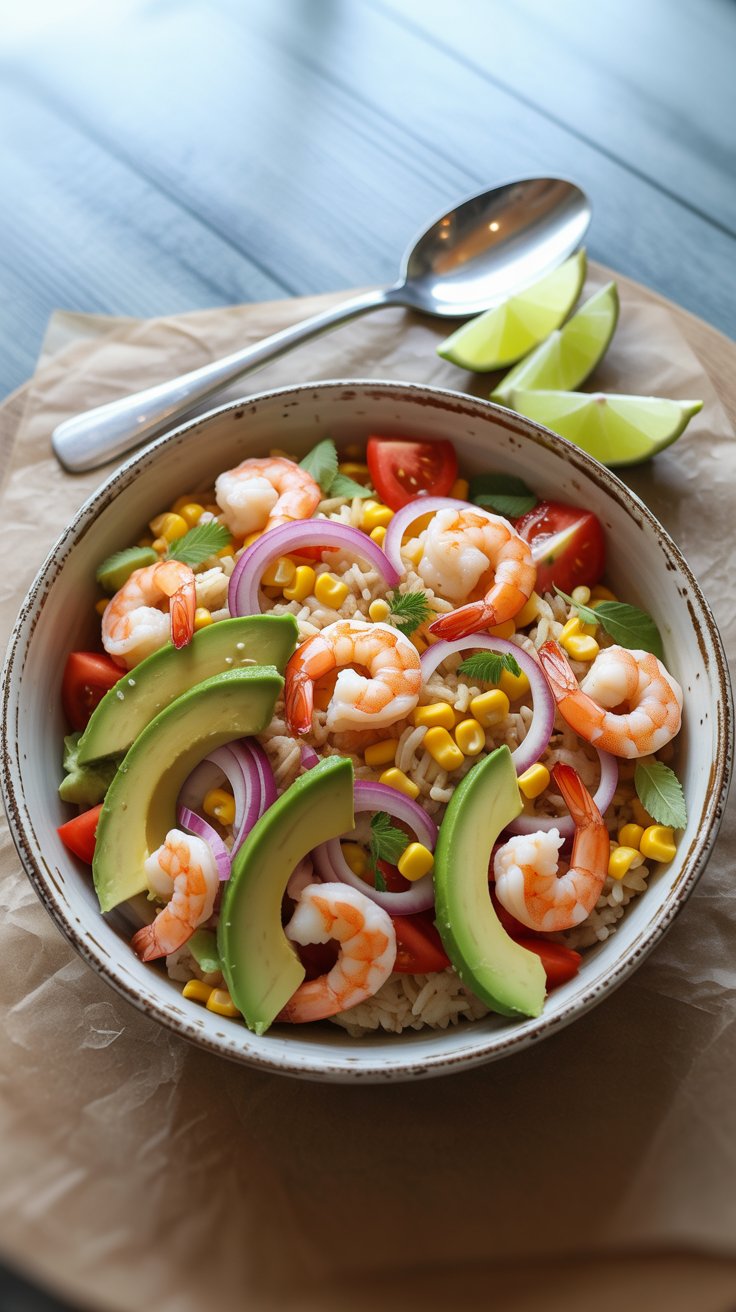 Zesty Shrimp and Avocado Rice Bowls – A Healthy Pescatarian Meal Idea Packed with Flavor 4 a photograph of a vibrant shrimp and avo jHYJmHJSQNmI3QY6GDF5OQ rHGdan4VQZ