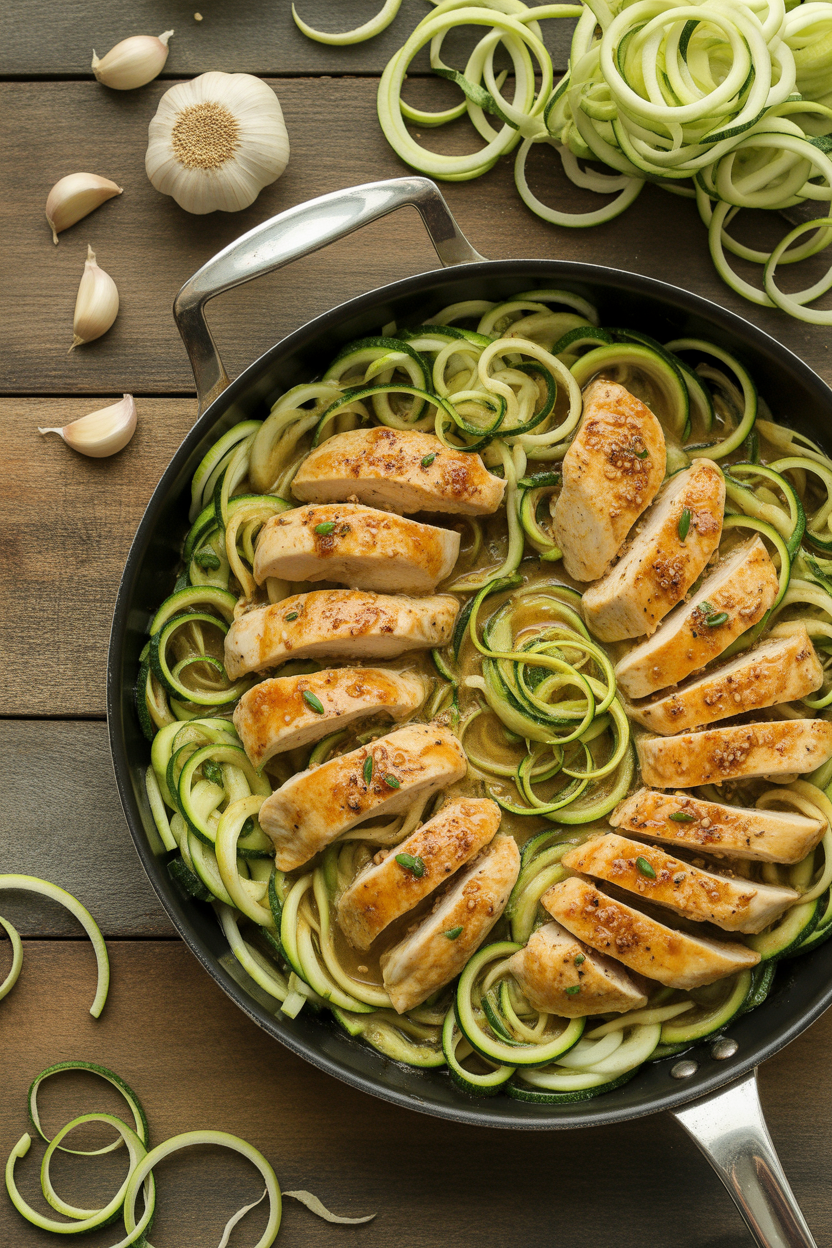 Garlic Chicken Zucchini Noodles Stir Fry 3 a photograph of a vibrant skillet filled IMCB4glRSpGUH3GvYDwSMw foSeRJM9Sa2Ra7A6wsQT4w