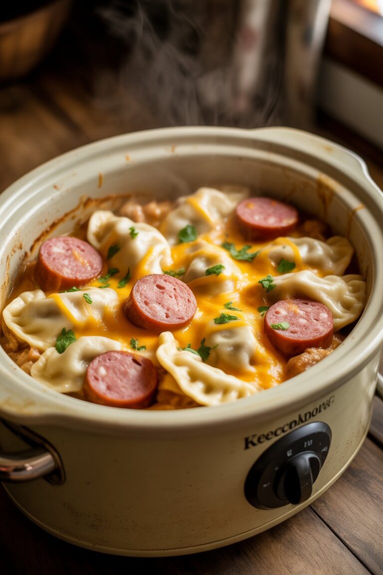 Crockpot Pierogi Casserole with Kielbasa