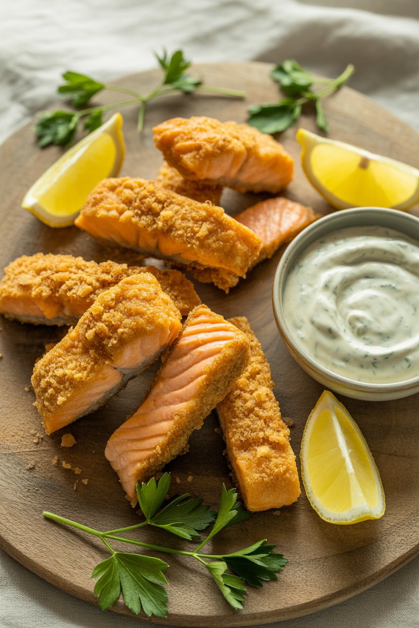 a photograph of golden crispy salmon bit Ca2EdKlrQnuqoEdfelWunA IwJD vmMSImksAs