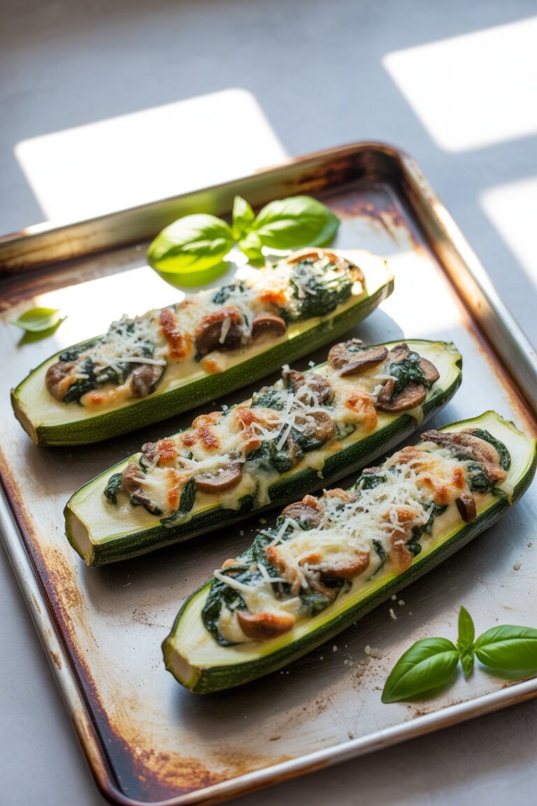 Spinach, Mushroom, and Ricotta Stuffed Zucchini Boats