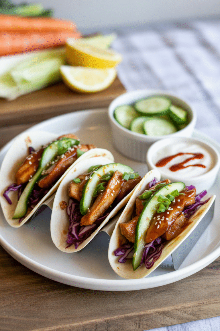 Teriyaki Chicken Tacos with Creamy Sesame Cucumbers