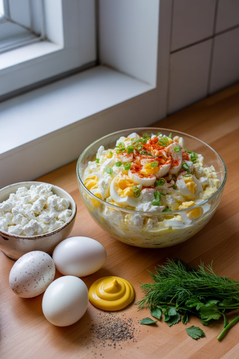 Simple Cottage Cheese Egg Salad 3 a photograph showcasing a glass bowl fil MTg WekFTGOXfLJpfypJ6Q CWIe24amQQexCDXLOyf RQ 1