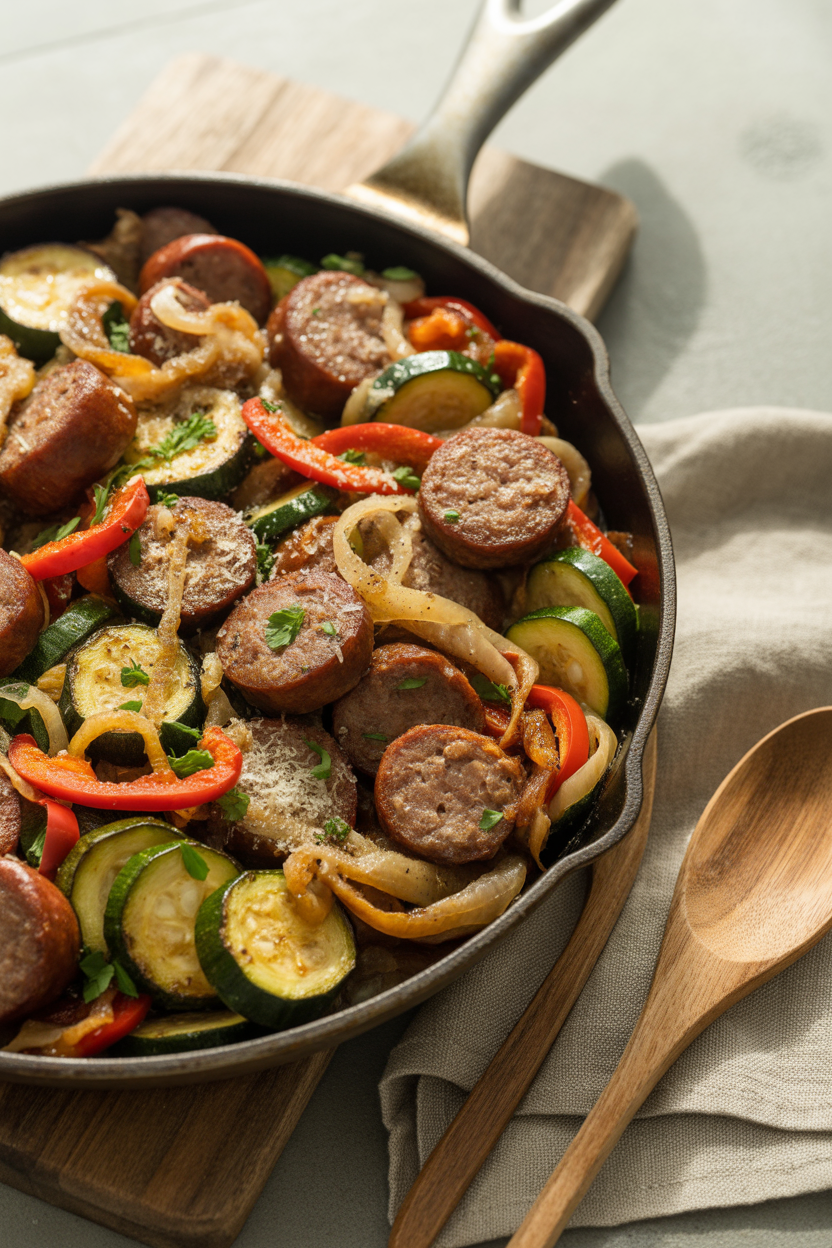 Skillet Sausage and Zucchini: A Quick, Flavor-Packed Weeknight Dinner 1 a photograph showcasing a large well