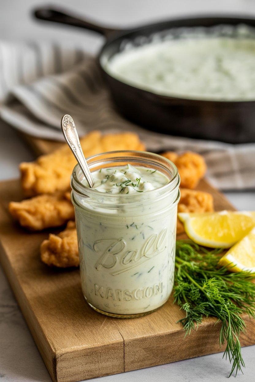 Southern Tartar Sauce: A Tangy Classic with a Southern Twist 5 a photograph showcasing a small mason